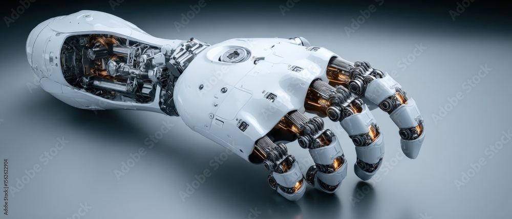 Poster Advanced robotic hand with exposed mechanical and electronic components showcasing intricate design and modern technology features