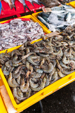 Raw shrimp on market stall