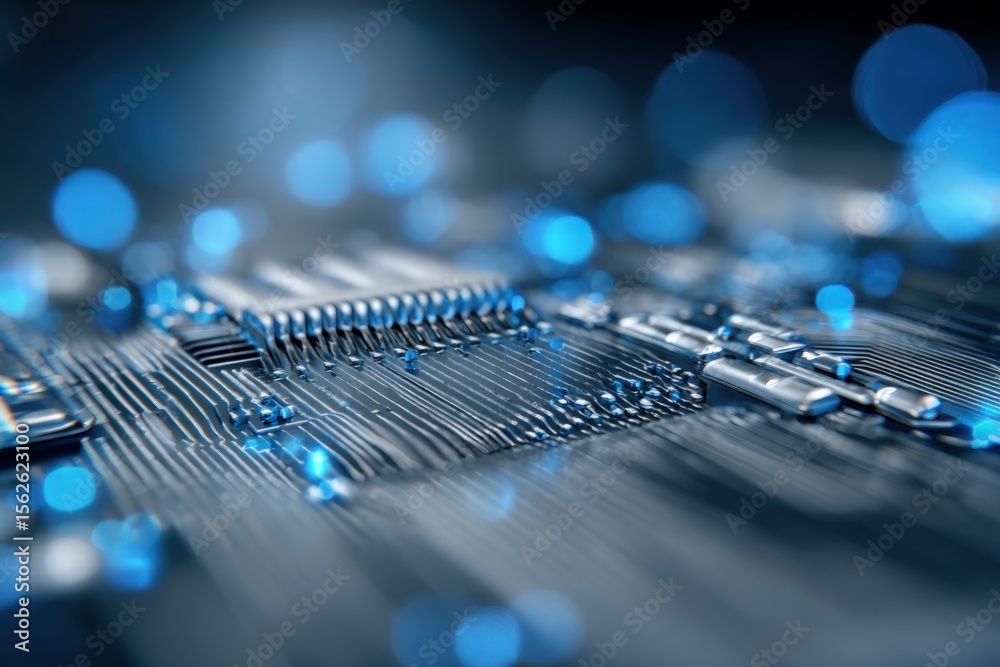 Poster High Resolution Close-Up of Computer Microprocessor Circuit Board with Blue Bokeh Background for Technology and Electronics Concepts