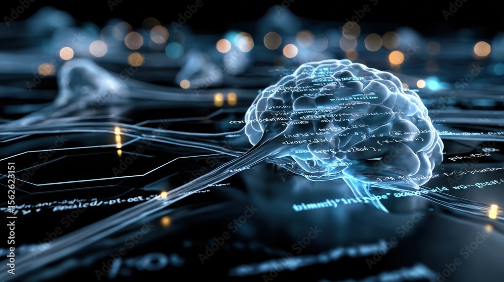 Poster Futuristic digital brain hologram glowing with interconnected neural network lines and data points in a dark technological environment