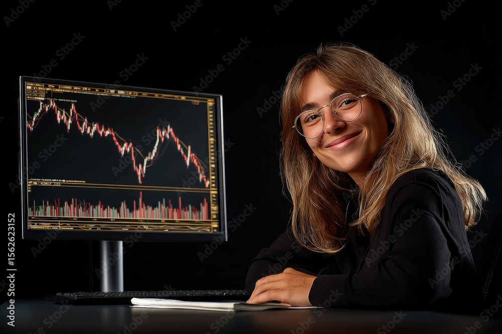 Poster Female trader smiling happily while analyzing stock market data on computer screen in a dark room with financial graphs and charts