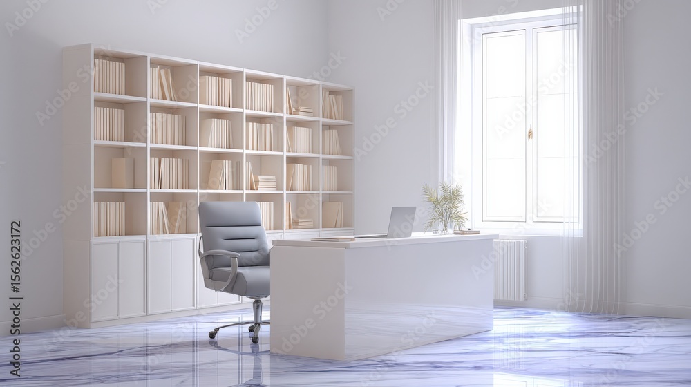 Poster modern minimalistic home office with large window white walls elegant desk sleek chair and empty boo