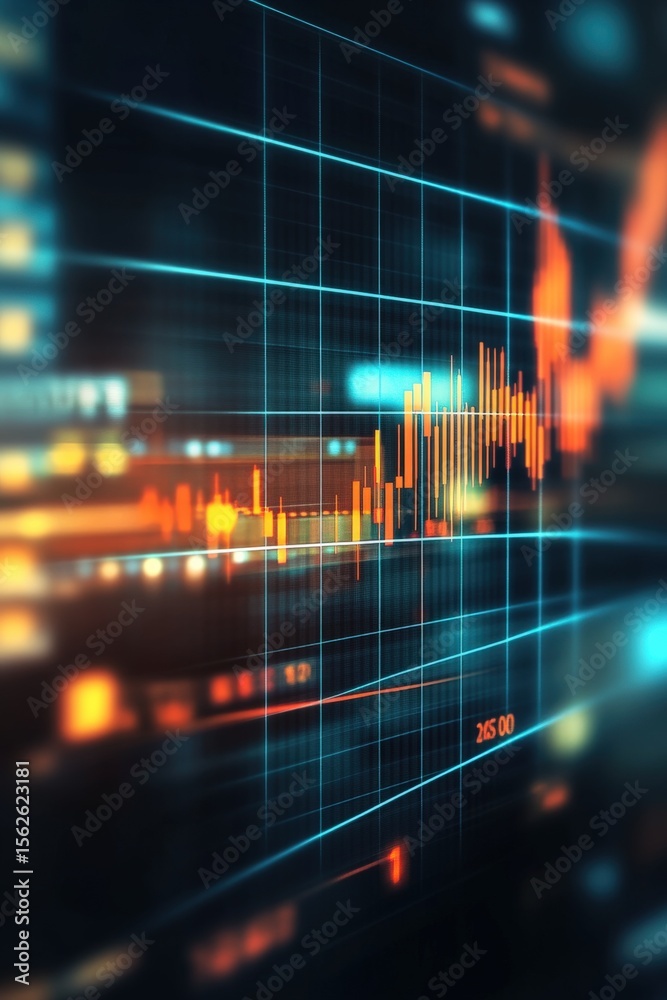 Aufkleber Digital financial data visualization showing cryptocurrency trading graphs with bright lights and glowing charts on a dark background