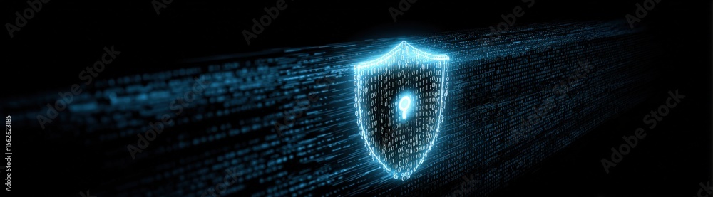 Poster Futuristic digital shield hologram with glowing blue hexagon and data streams representing cybersecurity technology for digital protection