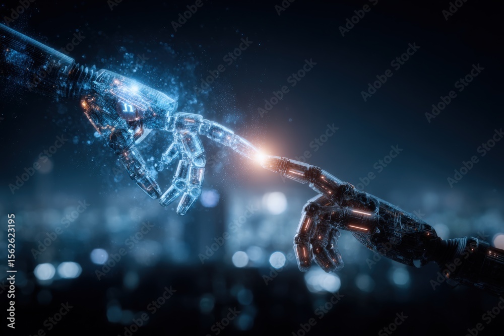 Poster futuristic robotic hand reaching out to connect with another robotic hand in a high-tech digital environment with glowing blue sparks and illuminated cityscape background