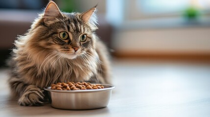 Domestic Cat with Beautiful Fur Sitting Beside Food Bowl