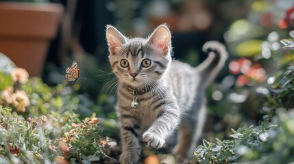 Playful Tabby Kitten Chasing Butterfly in Vibrant Garden Scene