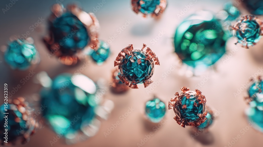 Aufkleber Highly detailed macro image of colorful virus particles with complex surface structures floating in a neutral background, representing biological infection or virus spread