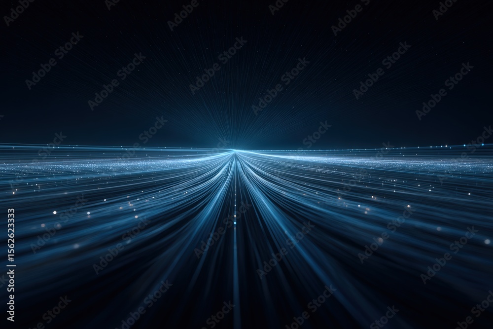 Aufkleber Futuristic Digital Data Stream Network with Bright Light Trails and Particle Effects Illuminating the Dark Space Background