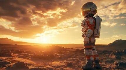 Astronaut Standing on Alien Landscape during Dramatic Sunset