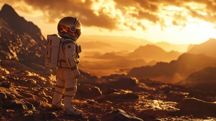 Astronaut Standing on Alien Landscape During Sunset in Space
