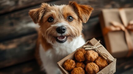 Happy Dog Holding Gift Box with Homemade Cookies on a Wooden Table