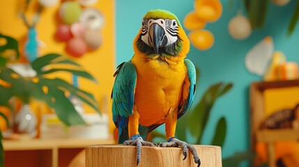Colorful Macaw Bird Perched in Vibrant Tropical Decor Setting