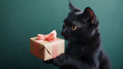 Black Cat Holding a Gift Box with Pink Ribbon on Green Background