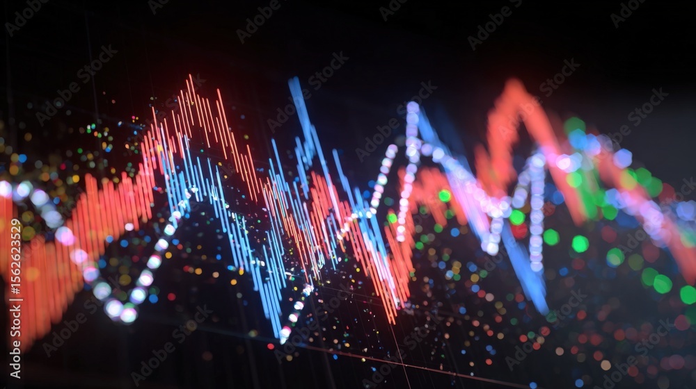 Aufkleber Dynamic colorful stock market graph with fluctuating line chart and illuminated data points representing financial trends analysis