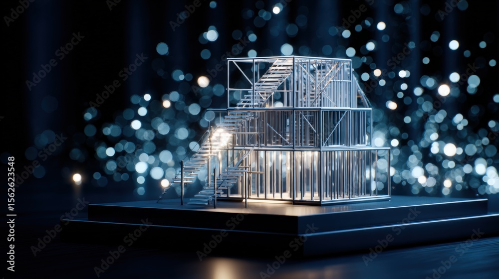 Poster Modern artistic stage installation with illuminated metal structure and vibrant bokeh background for event decor and visual display