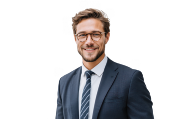 A confident young man in a tailored suit and glasses stands against a clean. minimalist background. exuding professionalism and approachability. ideal for corporate or personal branding use