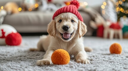 Adorable Golden Puppy in Red Hat with Orange Balls on Soft Carpet