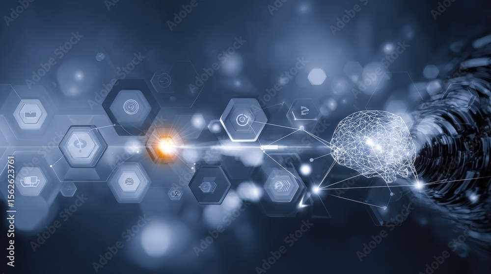 Poster Advanced digital technology concept with glowing hexagons and neural network graphics in a futuristic dark blue setting for innovation and artificial ligence