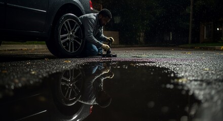 Solitary man works on flat tire in rainy night, reflecting in a puddle.