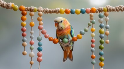 Colorful parakeet perched on decorative beads with a soft background