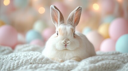 Cute Baby Rabbit Sitting on Soft Blanket with Colorful Background