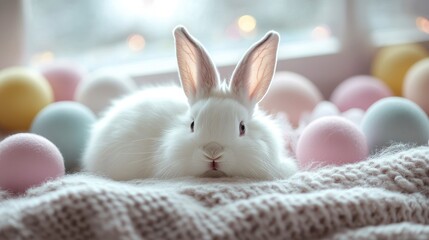 Adorable White Bunny Surrounded by Colorful Easter Eggs and Soft Textiles