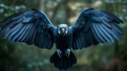 Majestic Black Bird in Flight Captured Against a Soft Green Background