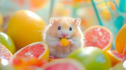 Cute Hamster with Citrus Fruits in Bright Colorful Setting
