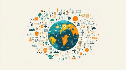 Colorful Illustration of Earth Surrounded by Icons Representing Global Concepts