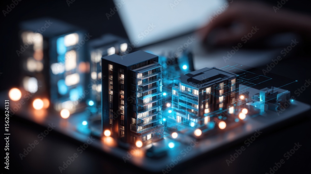 Poster modern 3d model of futuristic smart city with tall illuminated buildings and advanced digital techno