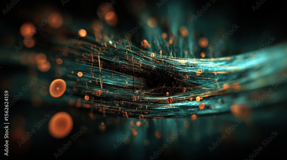 Poster Abstract futuristic digital data stream with glowing lines and particles representing technology and connectivity in a dark background