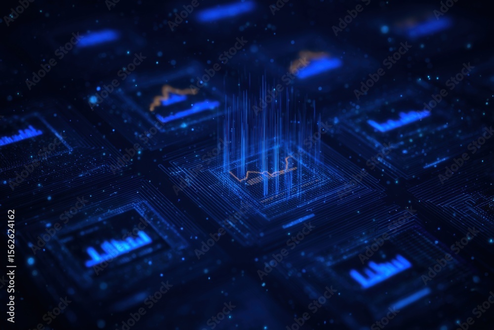 Poster Futuristic digital technology concept with glowing data grids and holographic interfaces in a high-tech environment illustrating innovation and data processing