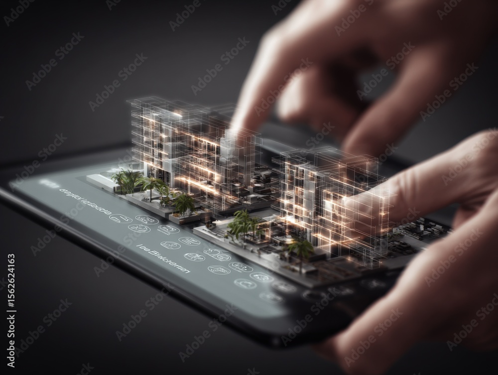 Poster Futuristic 3D Digital Holographic City Model Display on Touchscreen Device with Hands Interacting and Smart Urban Planning Concept