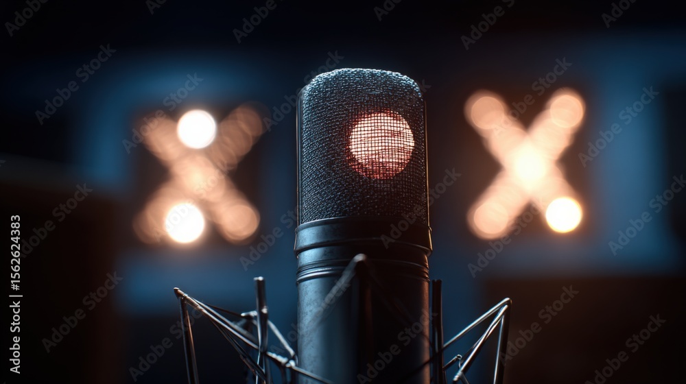 Aufkleber Close-up of a professional recording microphone with pop filter in a sound studio illuminated by soft blue lighting and blurred background lights