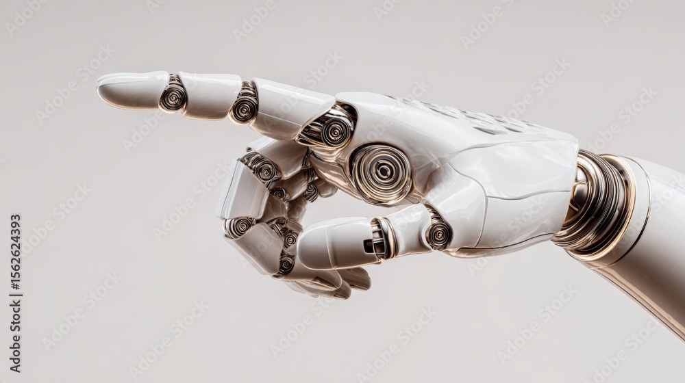 Poster Highly Detailed Close-Up of a Futuristic Humanoid Robot Hand Pointing with Outstretched Index Finger, Showcasing Advanced Mechanical and Electronic Design