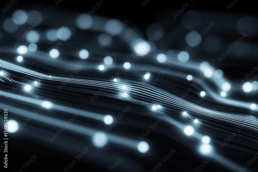 Poster Abstract digital light waves and glowing fiber optic lines in a black background representing technology communication and data transfer