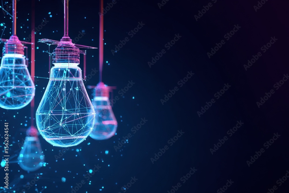 Aufkleber futuristic digital art of glowing energy-efficient led light bulbs with wireframe design hanging in 