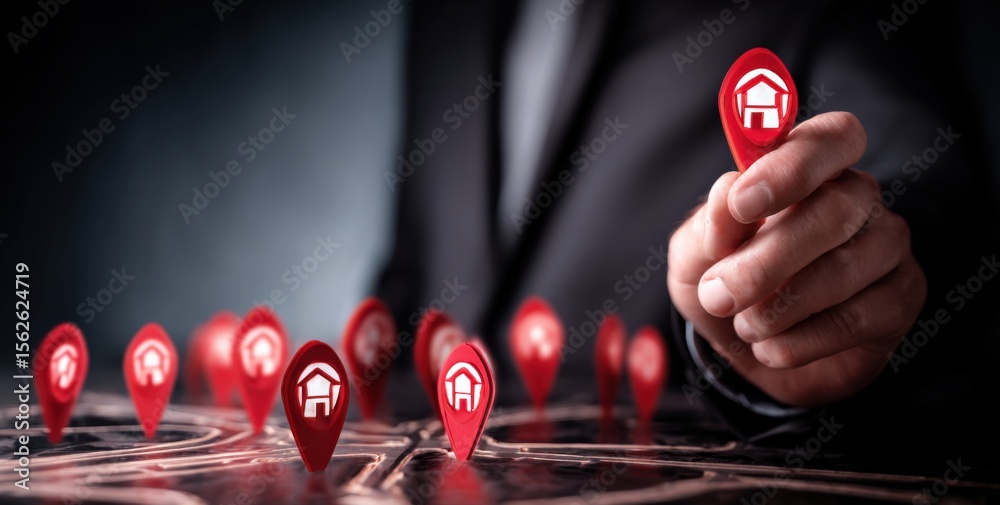 Poster businessperson using digital map with location pins for real estate investment or property managemen