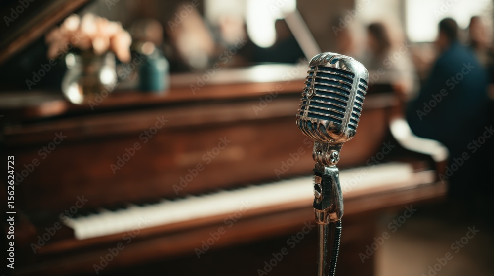 Poster vintage style metallic microphone with classic grill close-up in music stage or performance venue se