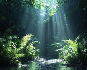A dimly lit 3D jungle scene with light beams breaking through the canopy, illuminating ferns and damp ground