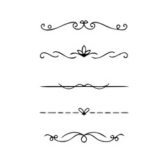 Text dividers doodle set. Wedding decorative elements. Divider ornament, borders, vintage line separators. Hand drawn vector illustration isolated on white background