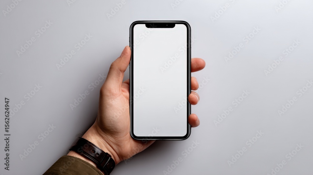 Poster modern hand holding sleek black smartphone with blank screen in portrait orientation for technology 
