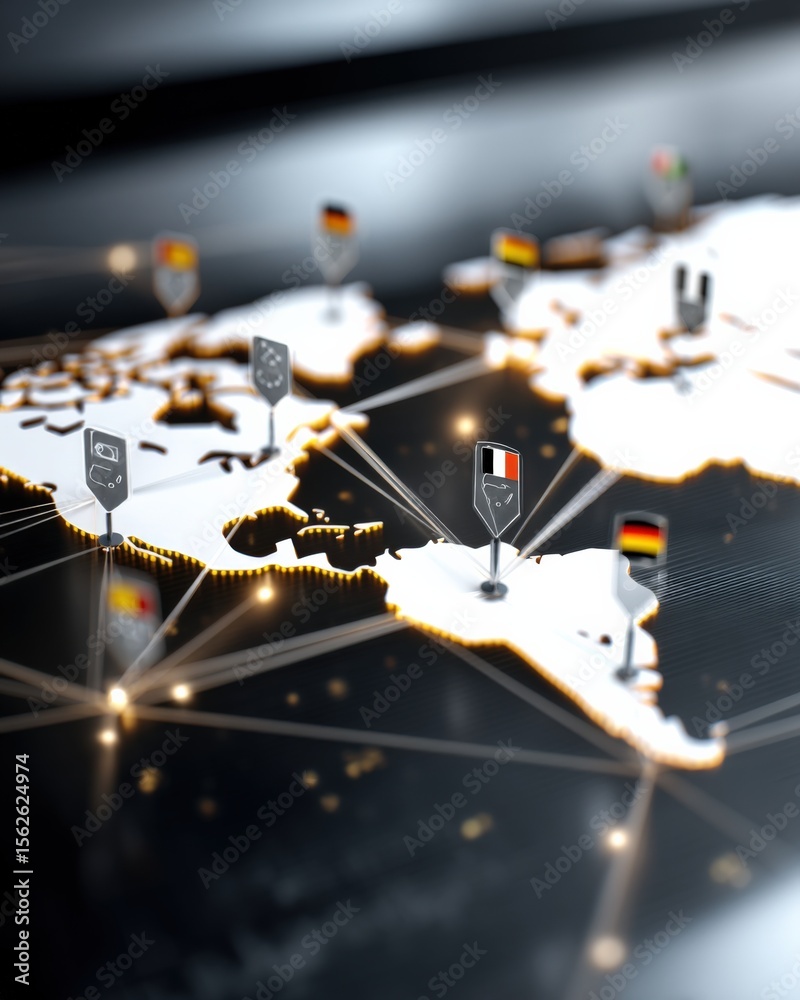 Poster Global digital communication network map with interconnected data points and technology icons representing worldwide connectivity and information exchange