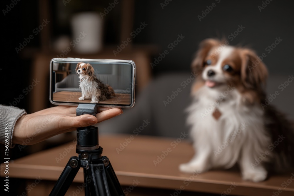 Poster adorable small dog sitting on table du indoor photoshoot with smartphone camera capture and relaxed 