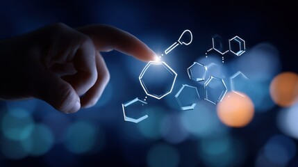 Fototapeta premium Human hand interacting with digital chemical structures and molecular diagrams in a futuristic technology concept environment