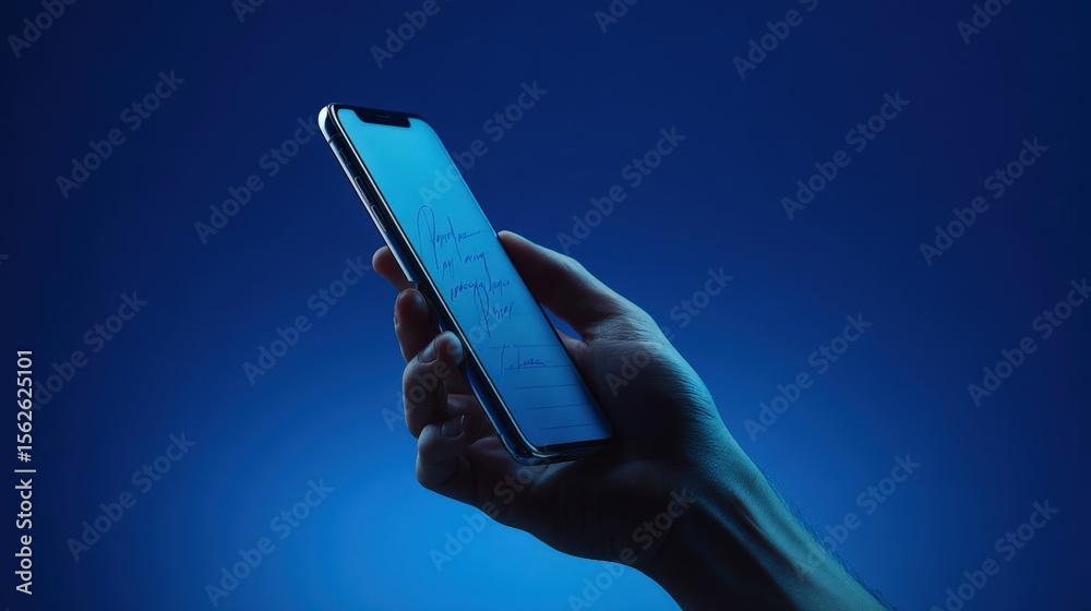 Poster person holding smartphone with display glowing screen against dark blue background for technology an