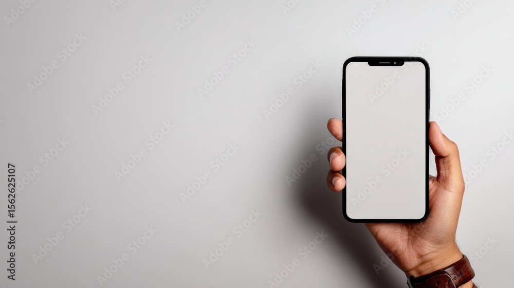Poster Modern smartphone with a large blank screen held by a person against plain light gray background for technology and communication concepts