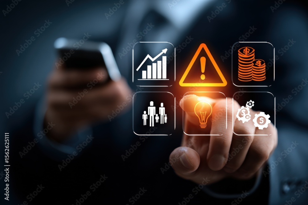 Aufkleber Businessman in dark suit interacting with digital financial data and warning icons on virtual screen using mobile device and touch gestures