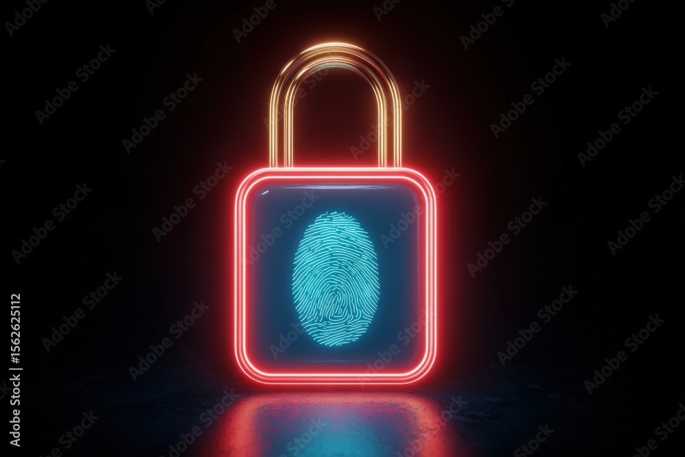 Poster Neon Lock with Blue Fingerprint Display Infrared Line Illustration Symbolizing Security and Digital Access Technology Concept